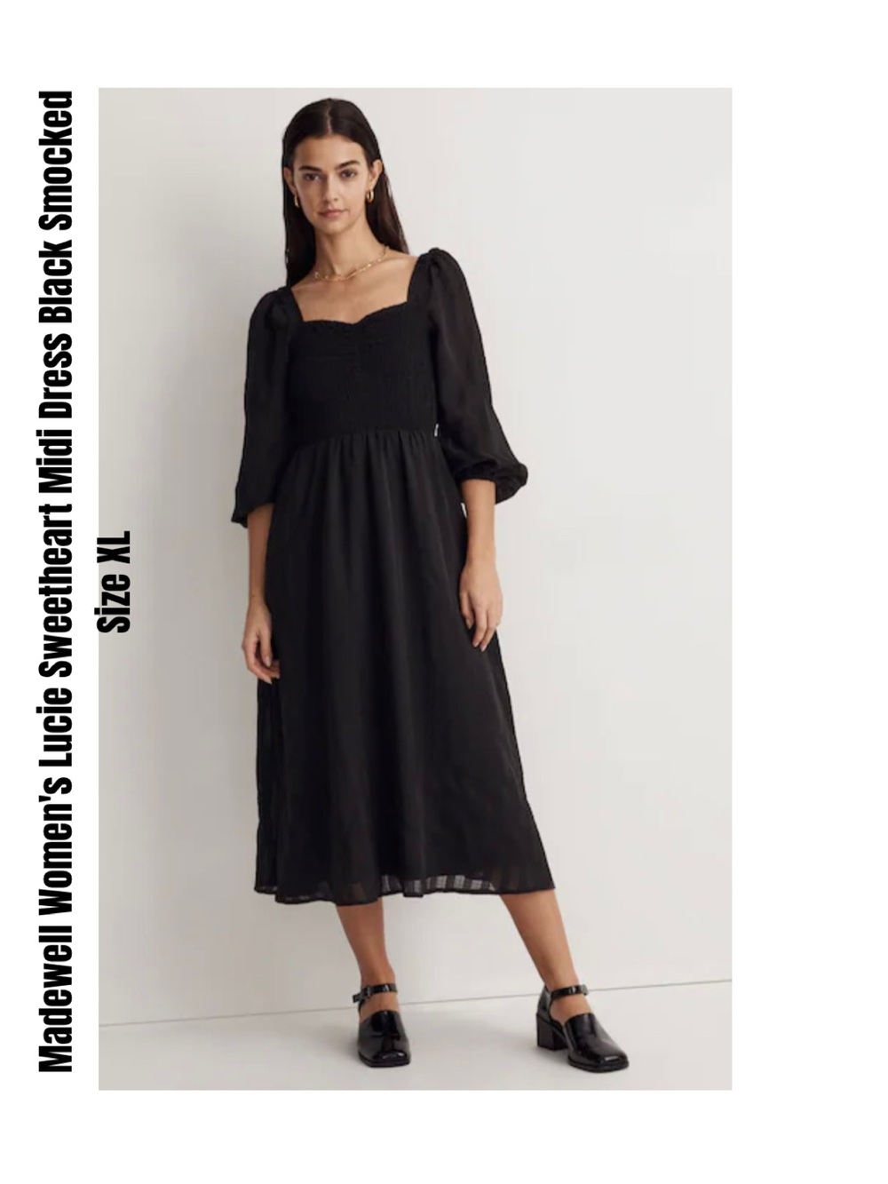 Madewell Women's Lucie Sweetheart Midi Dress Black Smocked Size XL